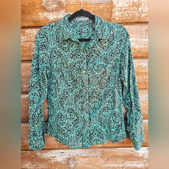 Liz Claiborne Tops - Liz Claiborne Western Damask Turquoise & Black Button up Blouse Longsleeve